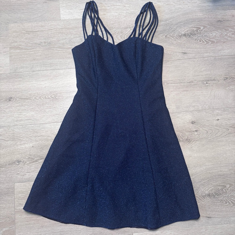 Y2K Jump Apparel‎ Navy Blue Metallic Shimmer Multi Strap Fit Flare Dress M 7